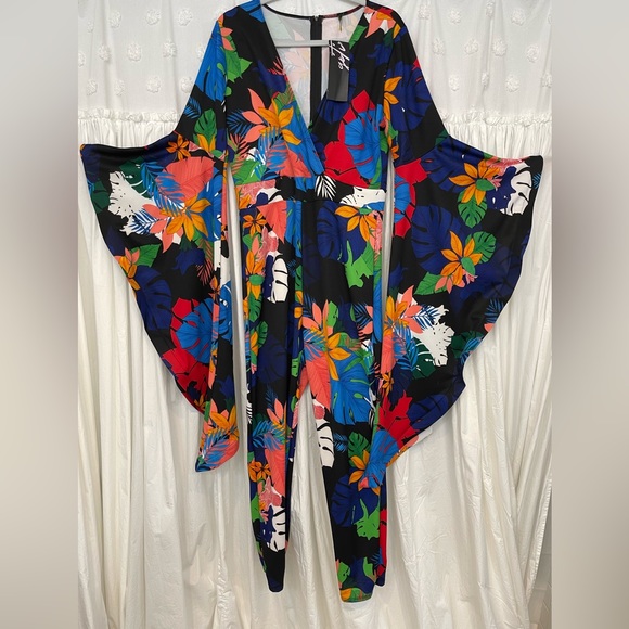 Winter Women 1X Jumpsuits V-Neck Full Flare Sleeve Print - Picture 2 of 7